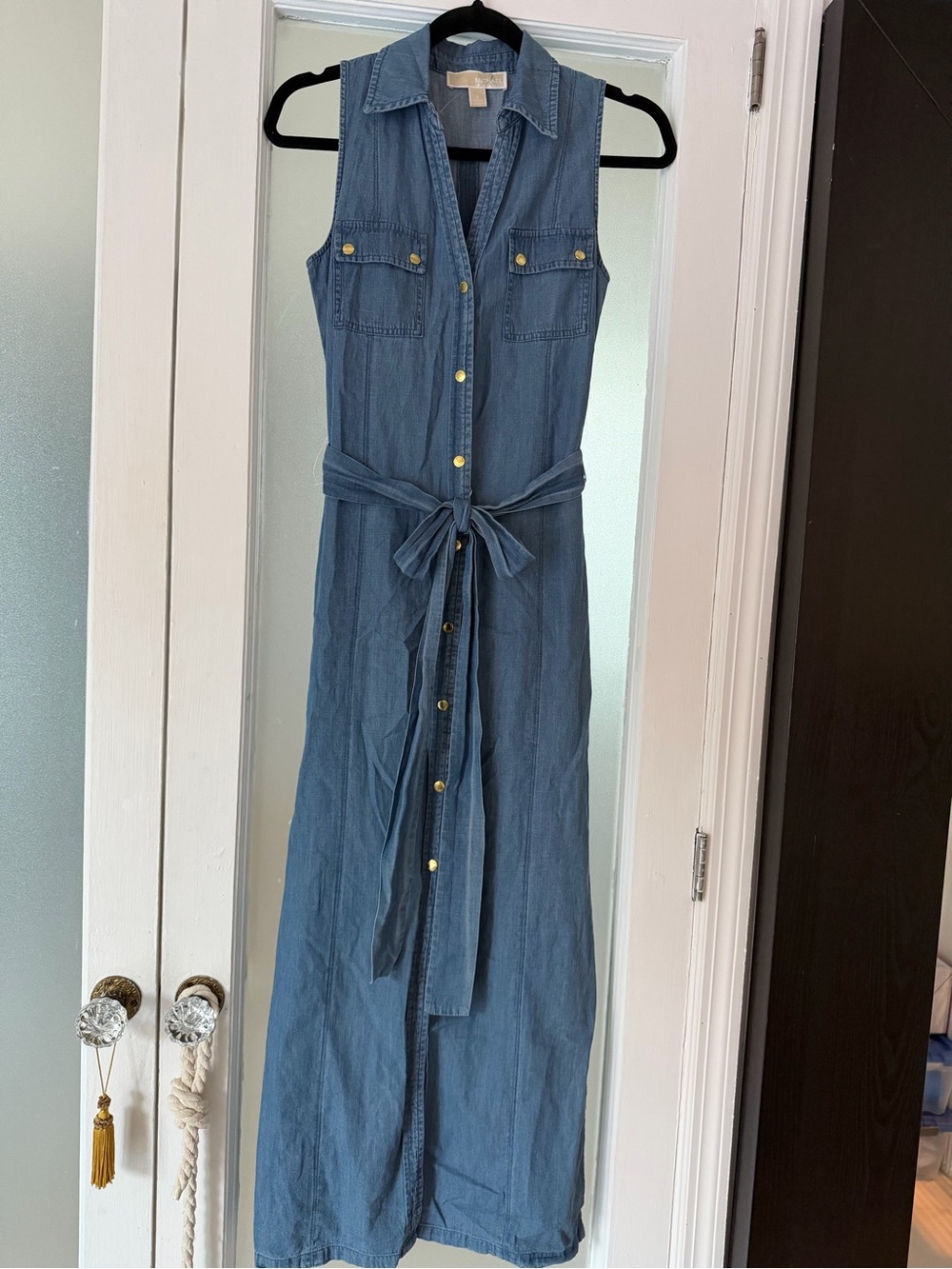 Michael Kors Denim Maxi Shirt Dress in Blue with Waist Tie